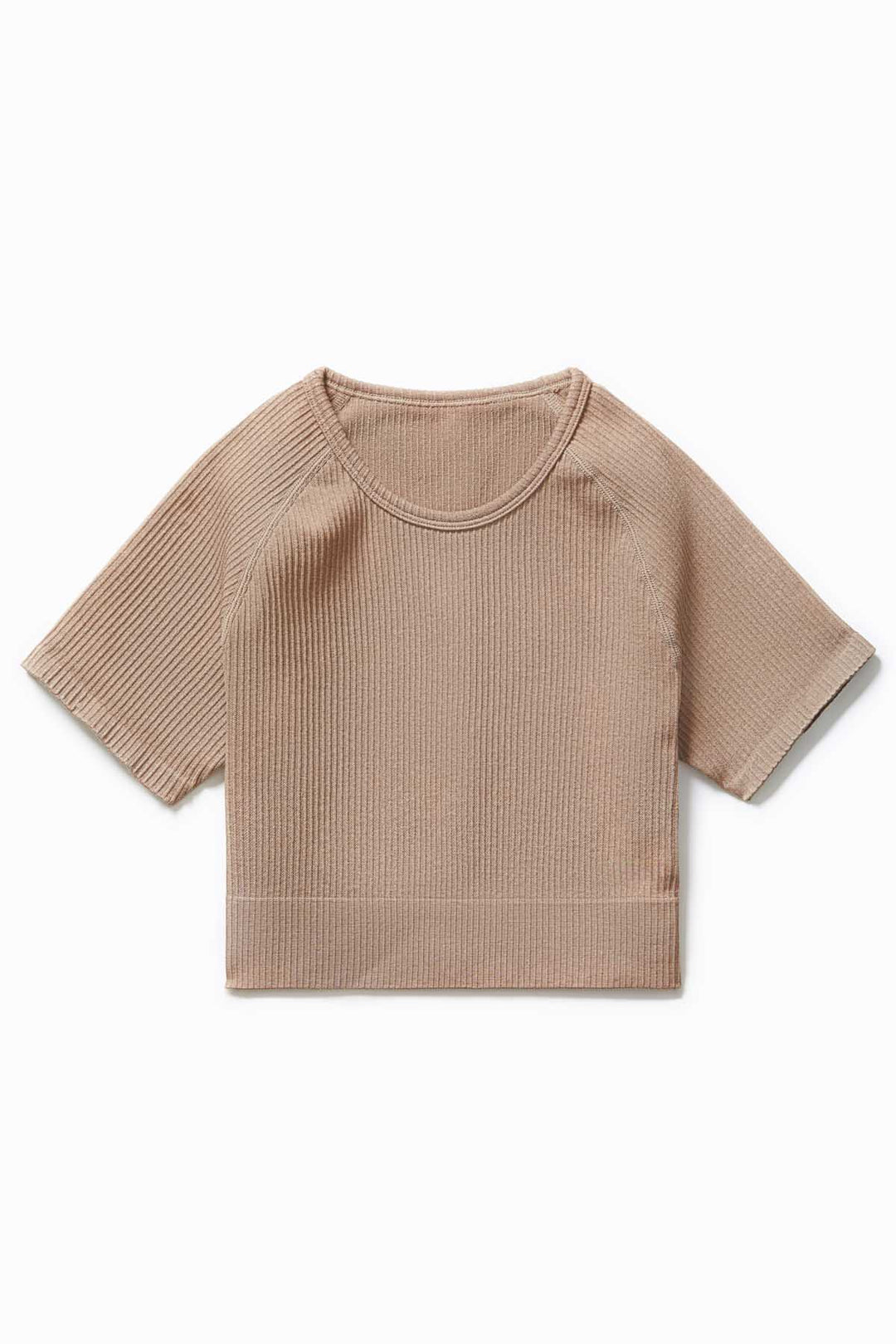Close-up of soft ribbed fabric in Mocha colour – IMLND seamless activewear