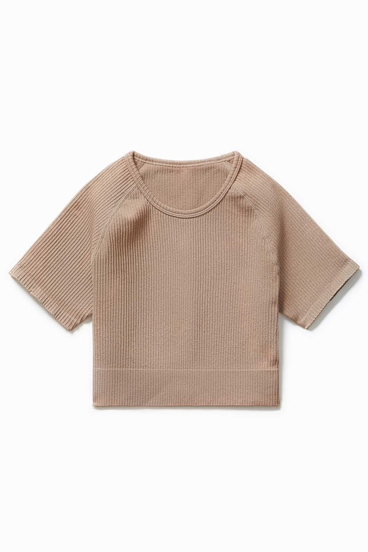 Close-up of soft ribbed fabric in Mocha colour – IMLND seamless activewear